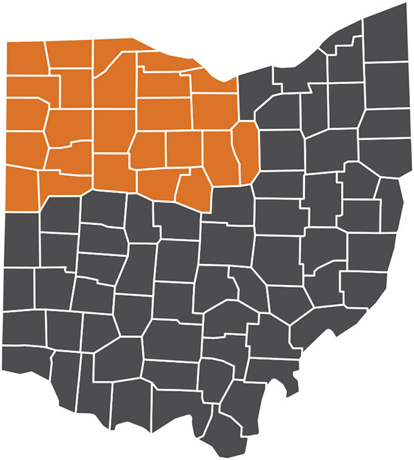 Graphic: Map of Ohio with Northwestern area highlighted. Gerding Contracting service area.